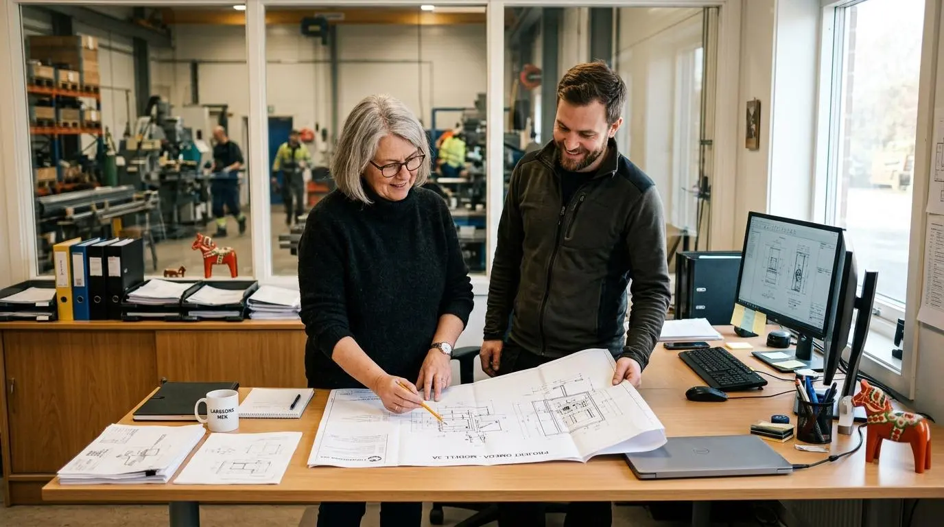 Småföretagare planerar systematiskt arbetsmiljöarbete tillsammans med en kollega
