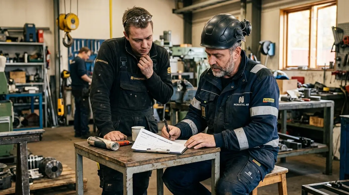 Arbetare fyller i en tillbudsrapport vid ett bord med en kollega bredvid