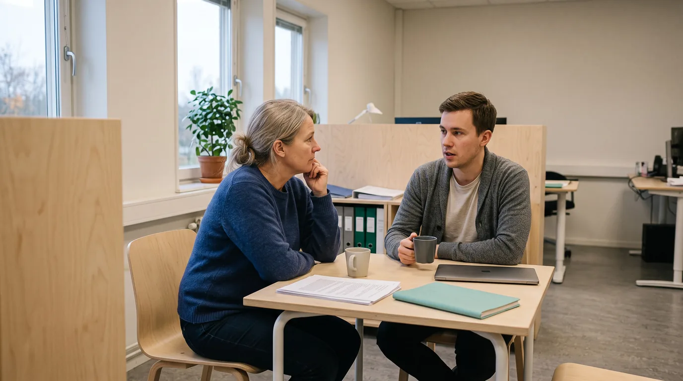 En teamledare lyssnar uppmärksamt på en kollega som berättar något vid ett bord på ett litet kontor
