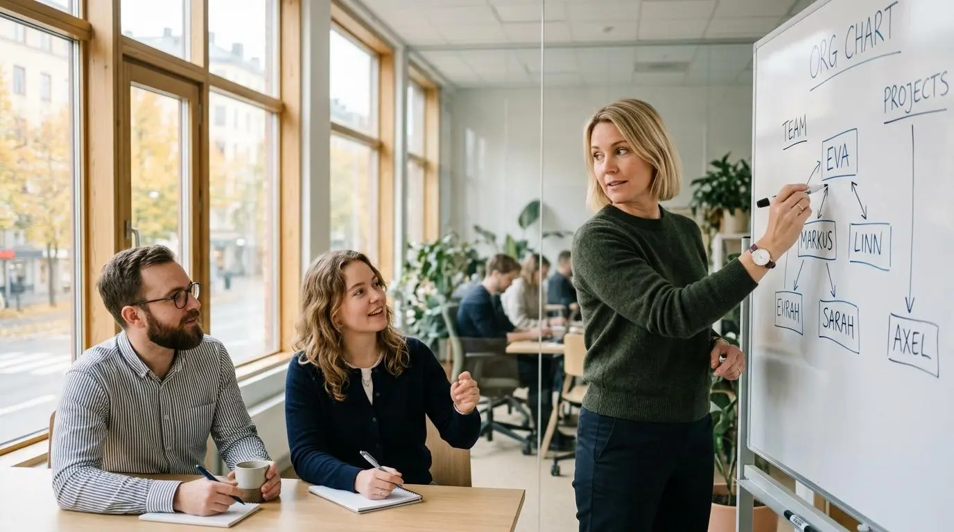 Chef ritar en uppgiftsfördelning på en whiteboard tillsammans med medarbetare