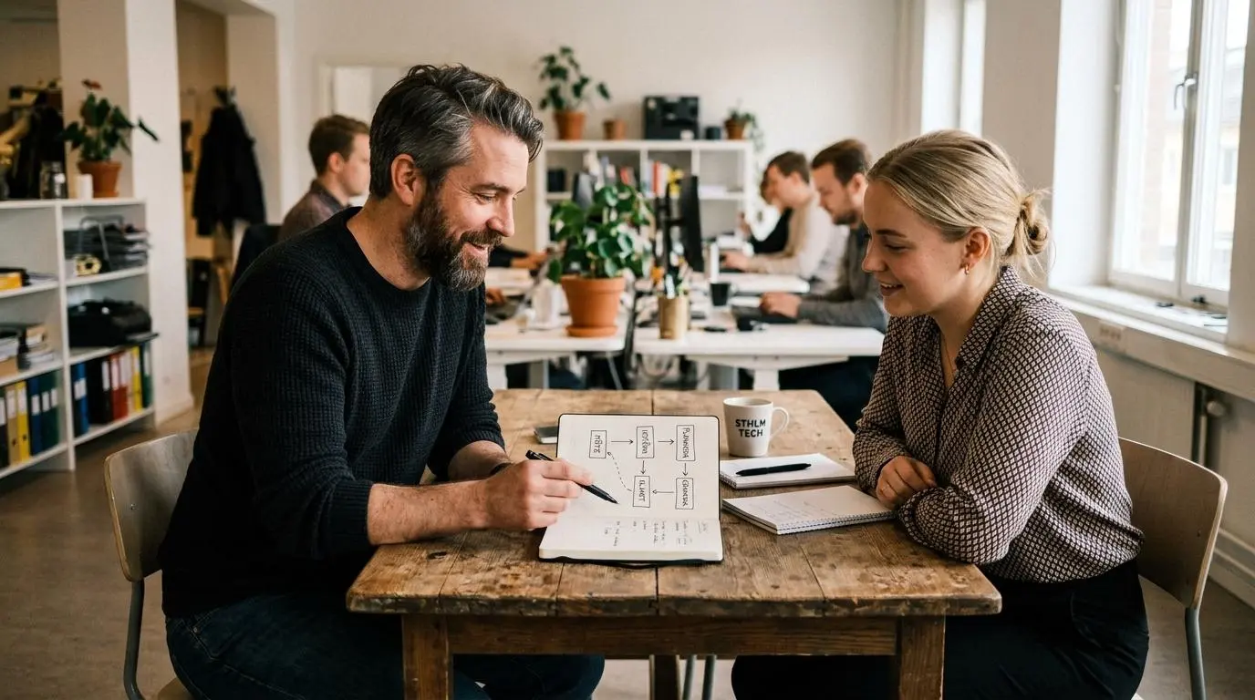 Chef förklarar systematiskt arbetsmiljöarbete för en medarbetare med hjälp av en skiss