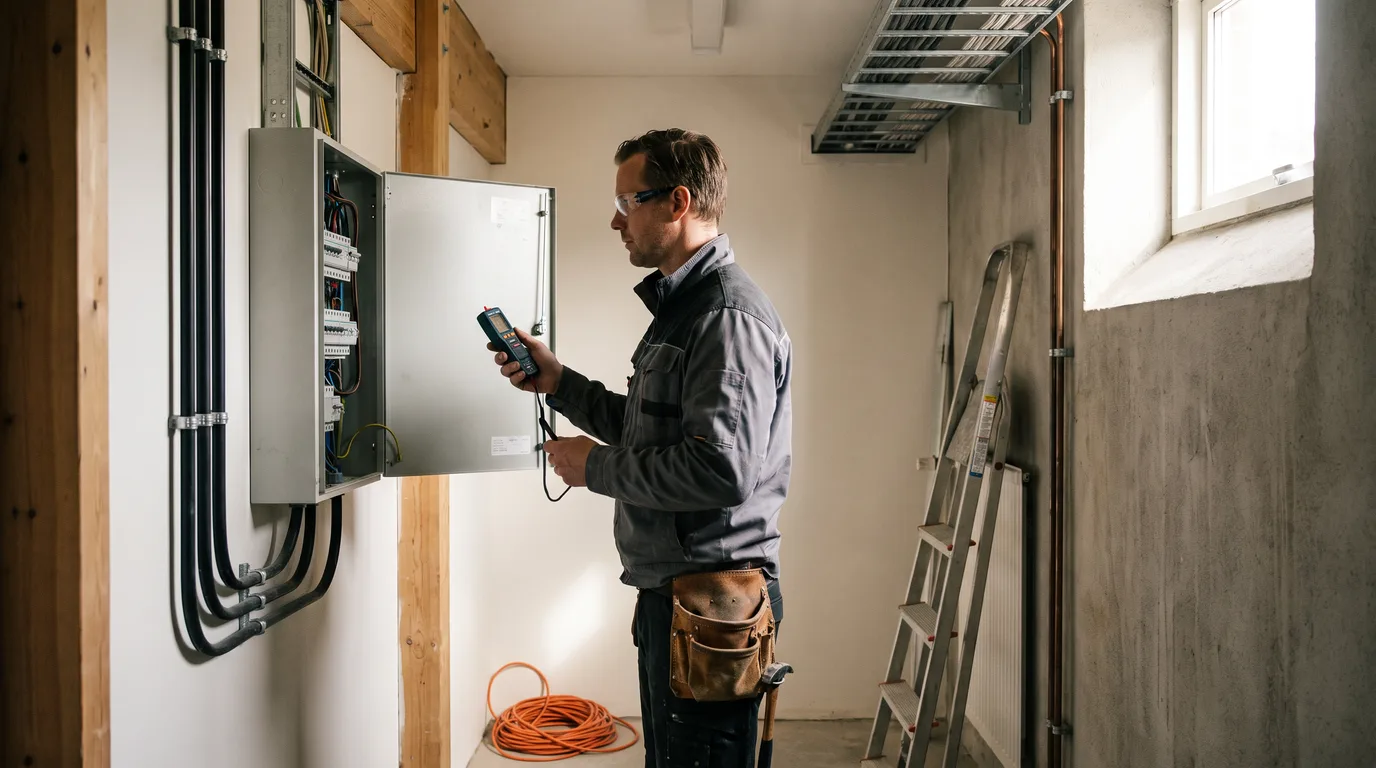 Elektriker i grå arbetsjacka kontrollerar en spänningsprovare mot ett öppet elcentralskåp i ett ljust industriutrymme