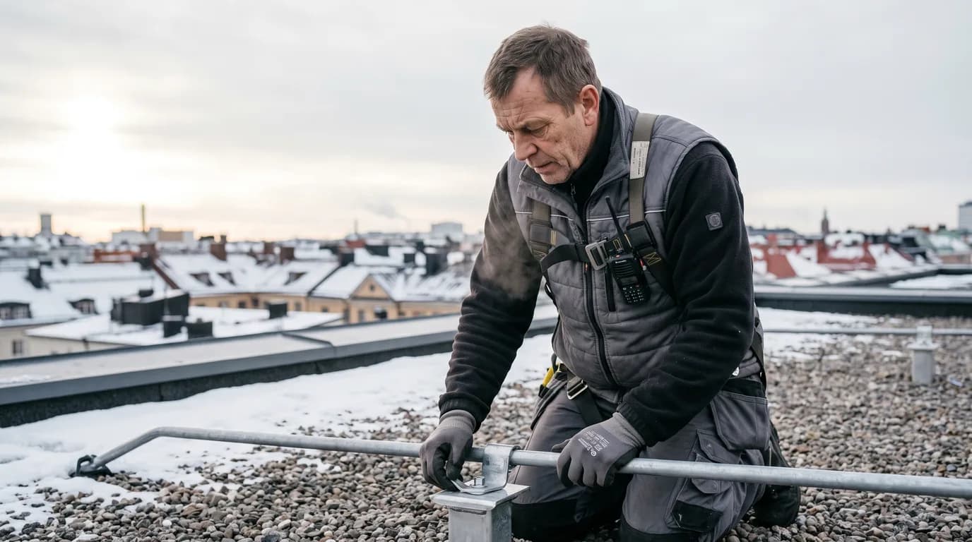 Fastighetsskötare i arbetsväst inspekterar en förankringspunkt och skyddsräcke på ett platt tak på en svensk fastighet