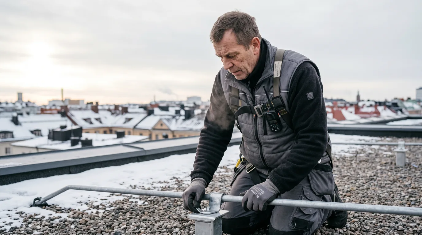 Fastighetsskötare i arbetsväst inspekterar en förankringspunkt och skyddsräcke på ett platt tak på en svensk fastighet