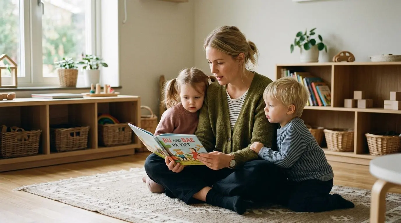 Svensk förskolepedagog sitter på golvet och läser en bilderbok med två småbarn i ett ljust och lugnt lekrum