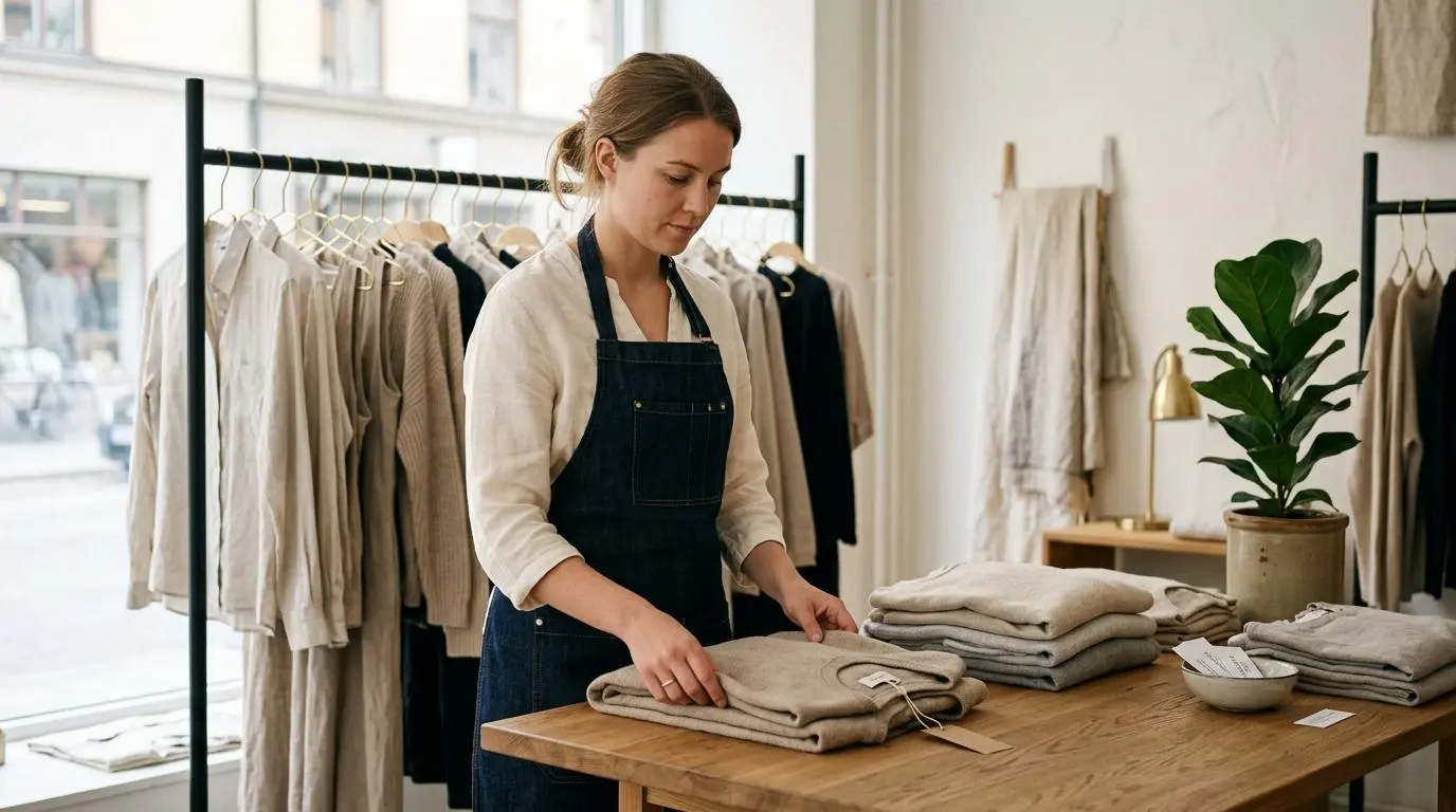 Svensk butiksanställd i förkläde fyller på varor i en lugn närbutik med dagsljus från stora skyltfönster