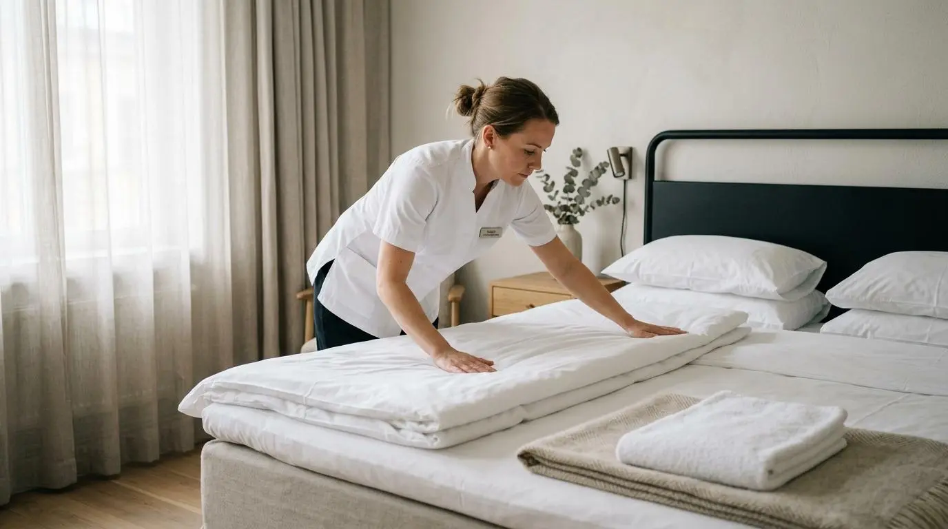 Svensk hotellstäderska bäddar en säng i ett lugnt och ljust hotellrum med fönsterljus och neutrala skandinaviska färger