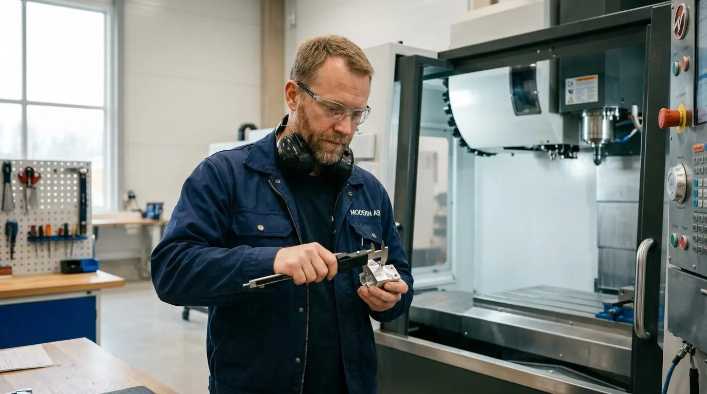Svensk industritekniker i hörselskydd och skyddsglasögon kontrollerar en CNC-maskin i en ren och ljus produktionshall