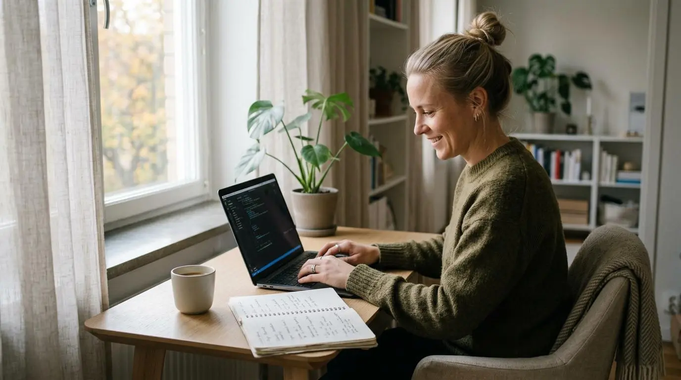 Svensk IT-utvecklare arbetar fokuserat vid en bärbar dator i ett ljust hemmakontor med ekbord och växter