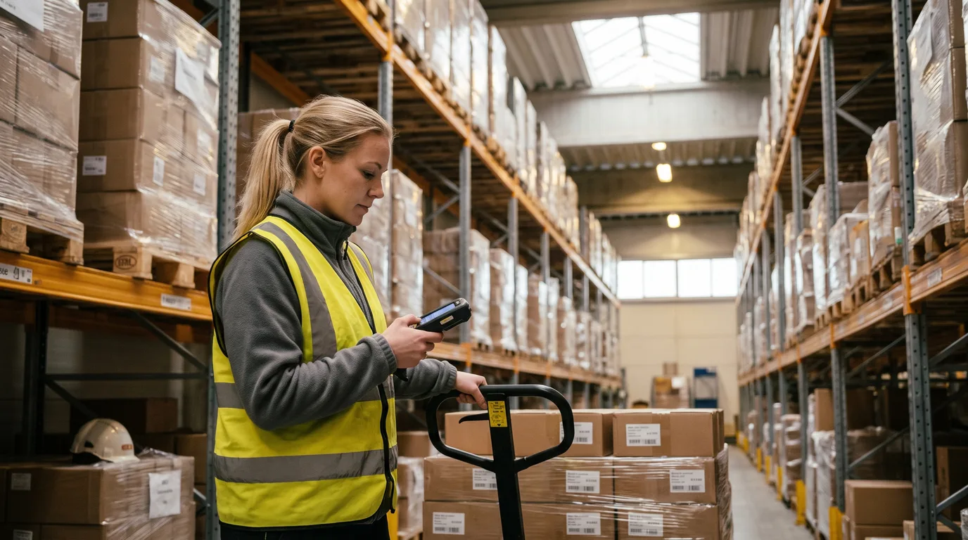 Lagermedarbetare i varselväst kör pallyft mellan höga pallställ och läser av en skanner i ett stort logistiklager