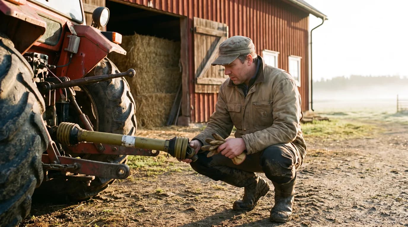 Lantbrukare i arbetsjacka kontrollerar kraftuttaget vid en traktors koppling på en gårdsplan framför en röd lada