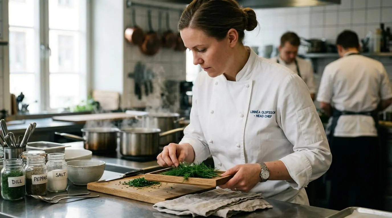 Svensk kock i vit kockrock plockar färska örter vid en arbetsbänk i ett ljust restaurangkök i Skandinavien