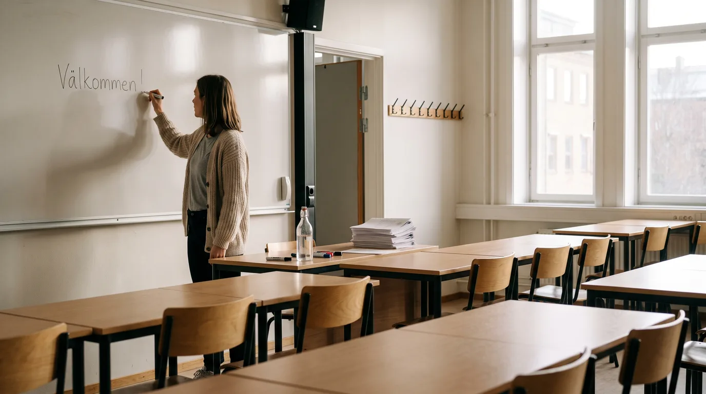 Lärare i kofta skriver på whiteboardtavlan i ett tomt klassrum med träbänkar och stora fönster