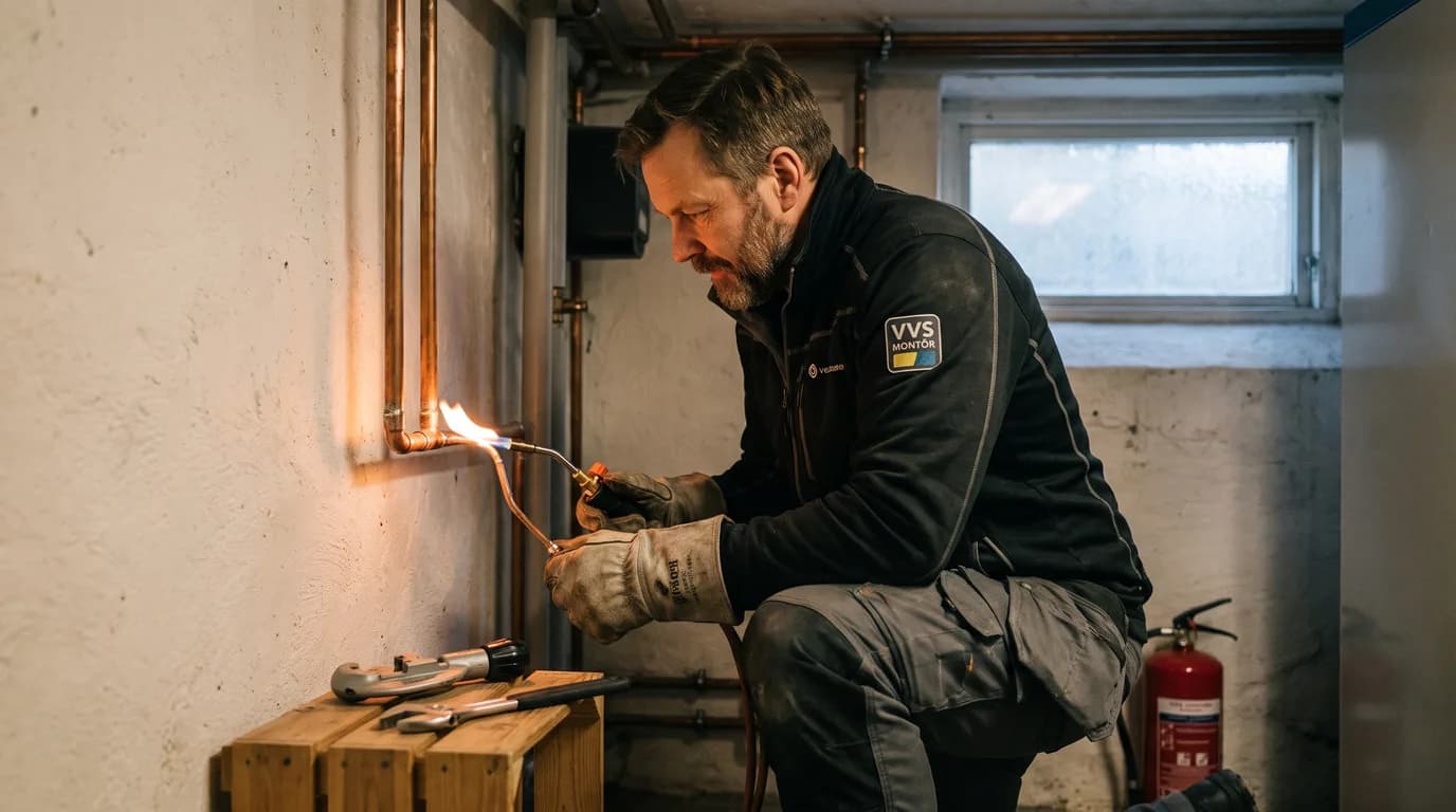 VVS-montör i arbetskläder lödar en kopparrörskoppling med en liten låga i ett pannrum med synligt rörsystem