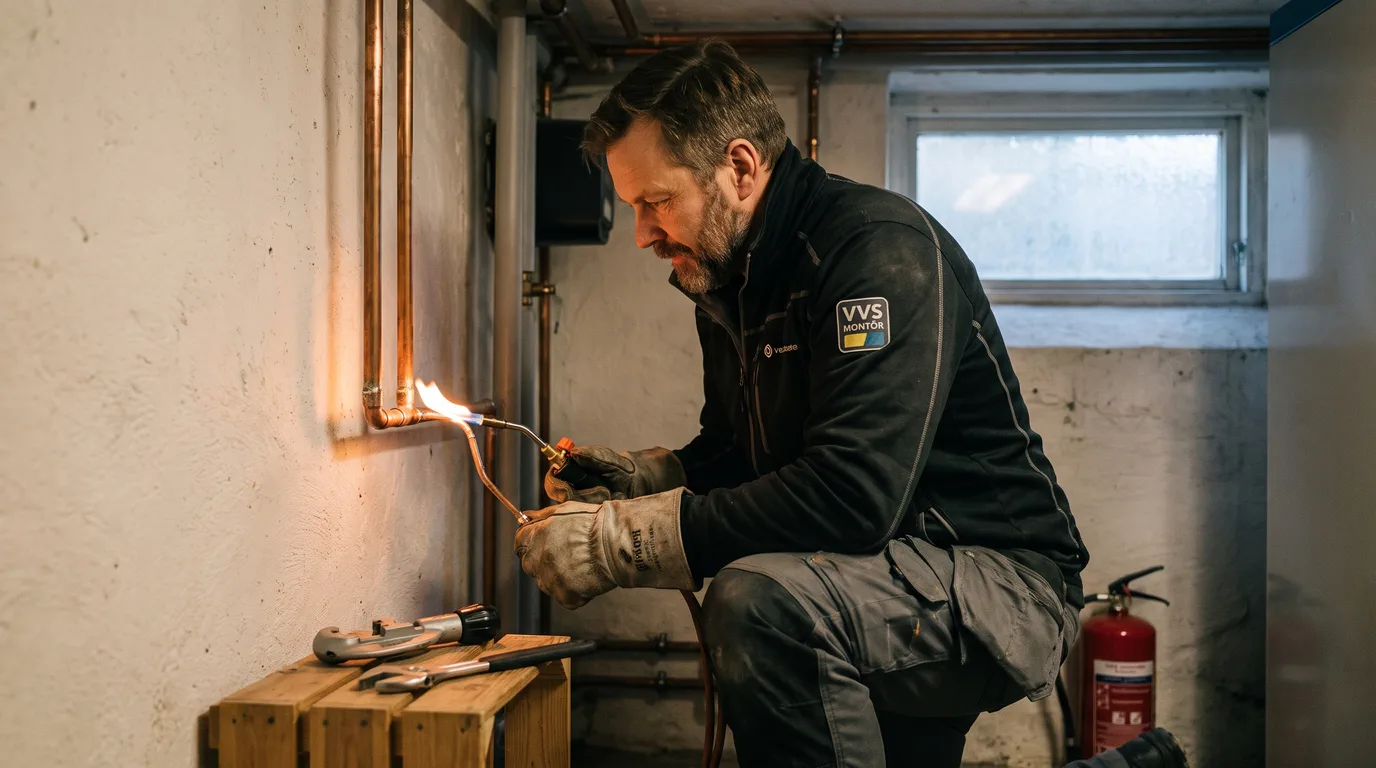 VVS-montör i arbetskläder lödar en kopparrörskoppling med en liten låga i ett pannrum med synligt rörsystem