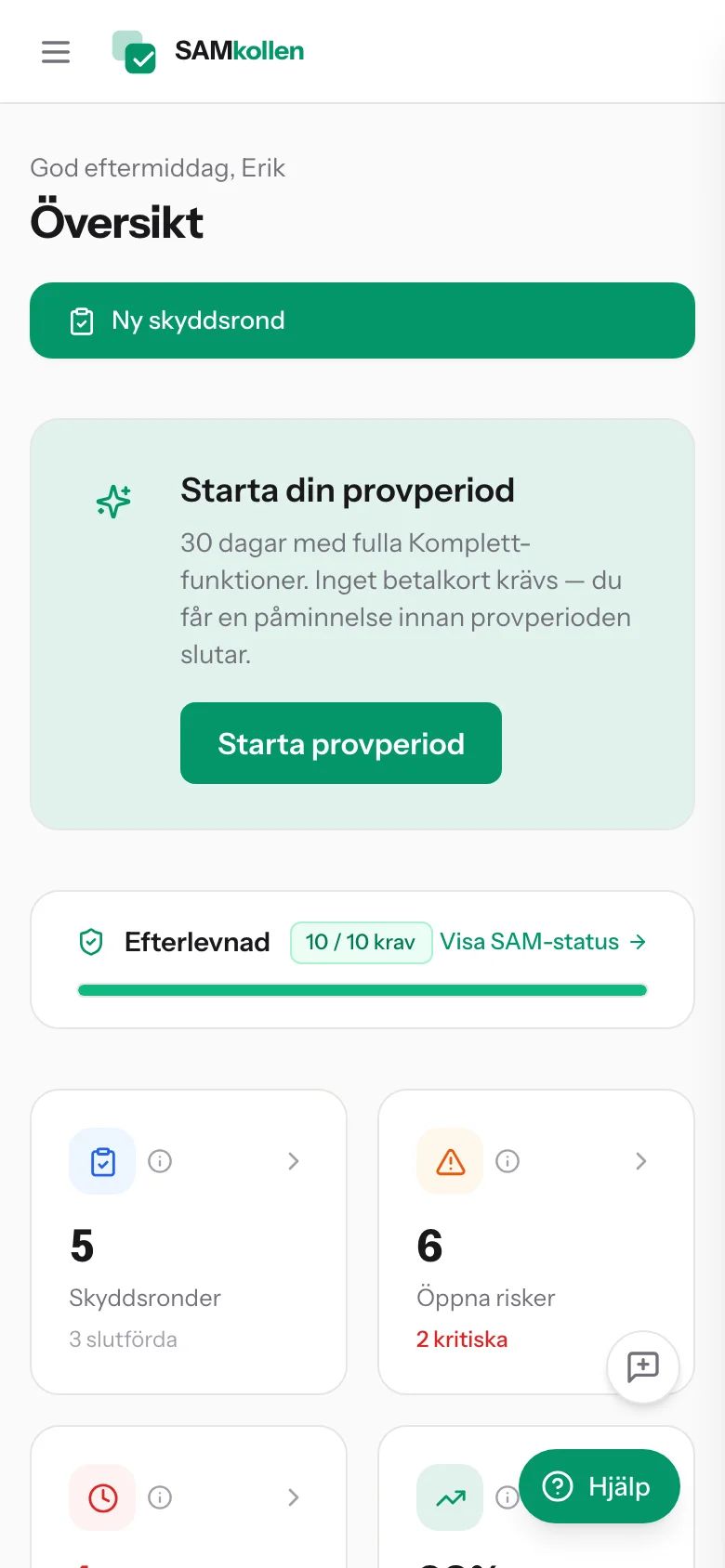 SAMkollen på mobilen, översiktssida med risker och åtgärder
