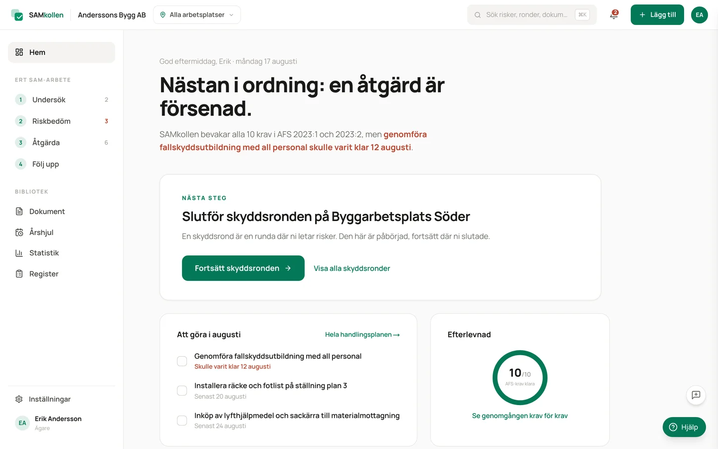 SAMkollens dashboard med risksammanfattning, senaste skyddsronder och pågående åtgärder