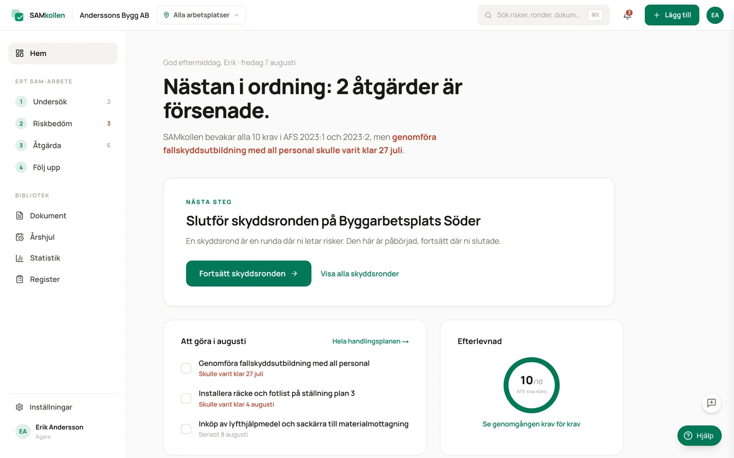 SAMkollens dashboard med risksammanfattning, senaste skyddsronder och pågående åtgärder