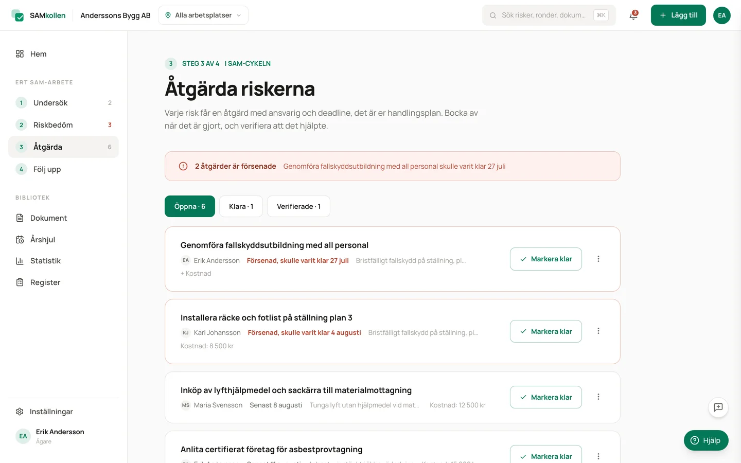 Handlingsplan med åtgärder, deadlines och statusfärger