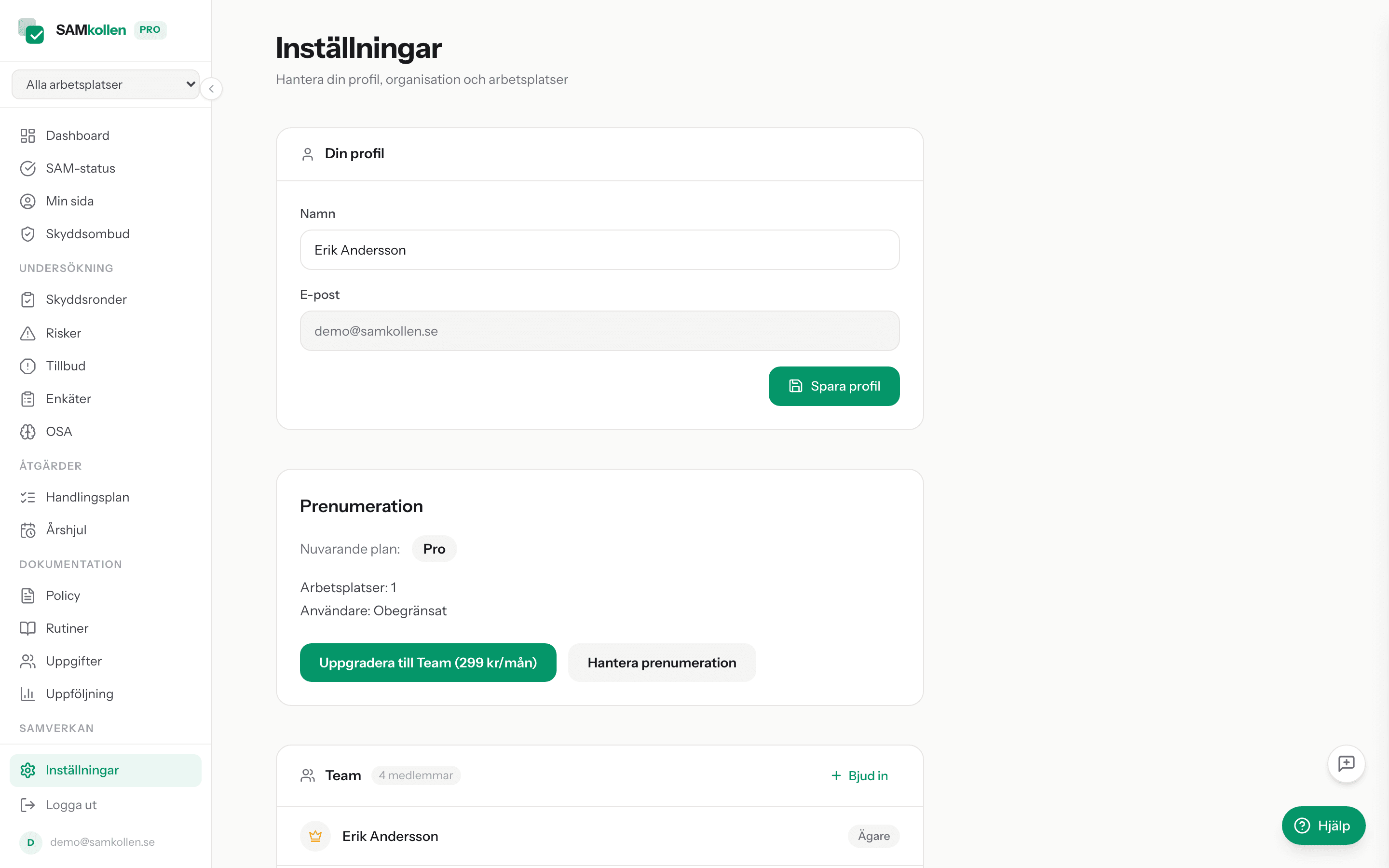 Inställningar med teammedlemmar och roller
