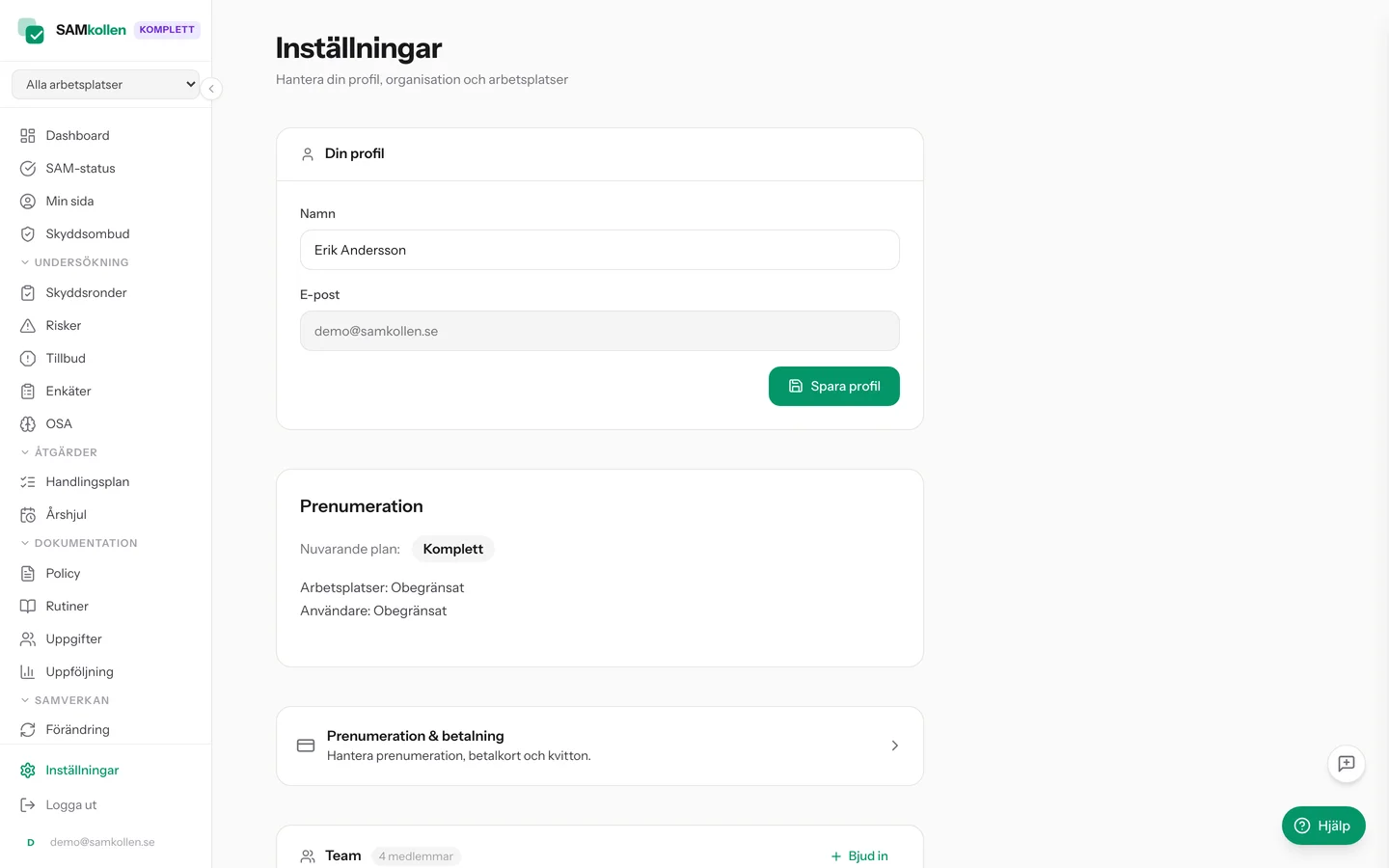 Inställningar med teammedlemmar och roller