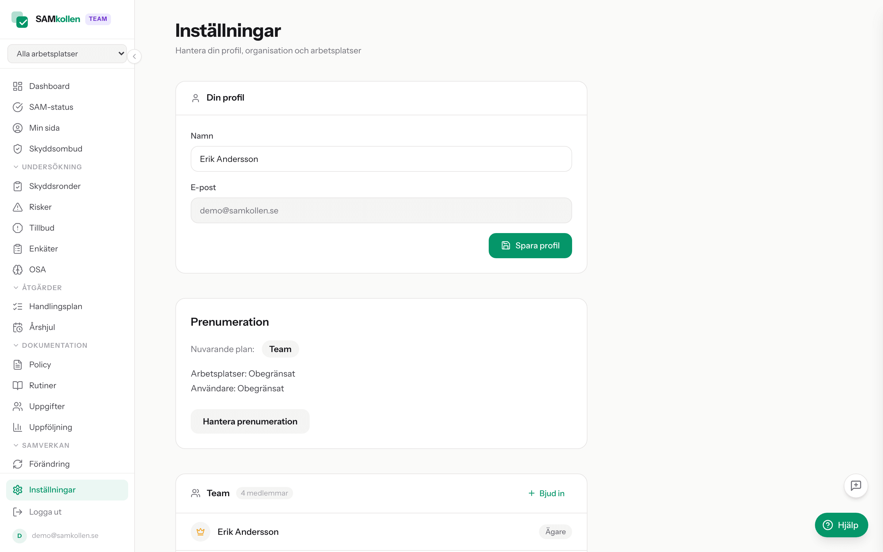 Inställningar med teammedlemmar och roller