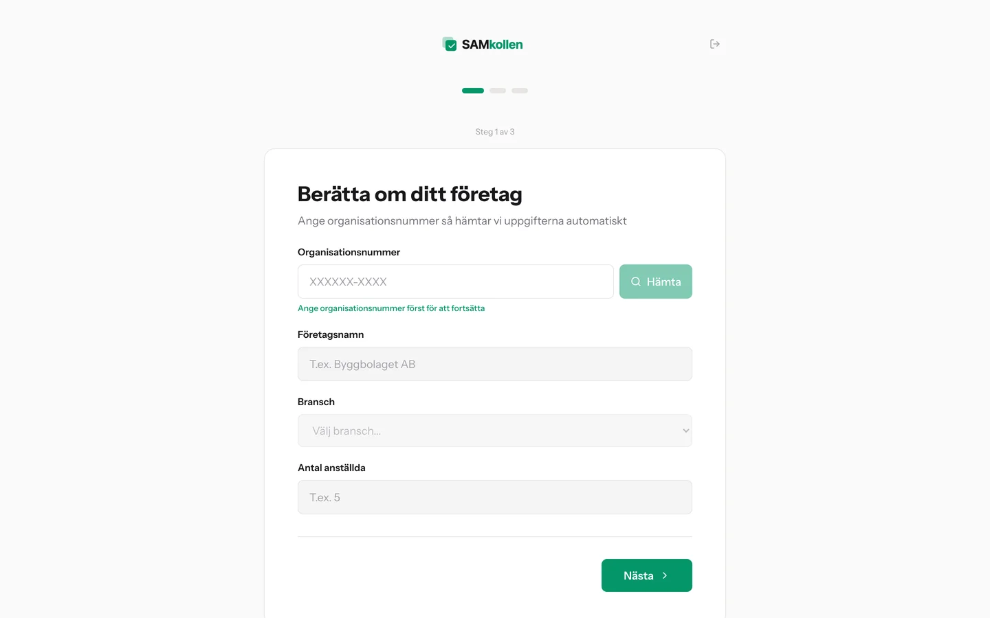 Onboarding-guiden i SAMkollen med företagsuppgifter och branschval