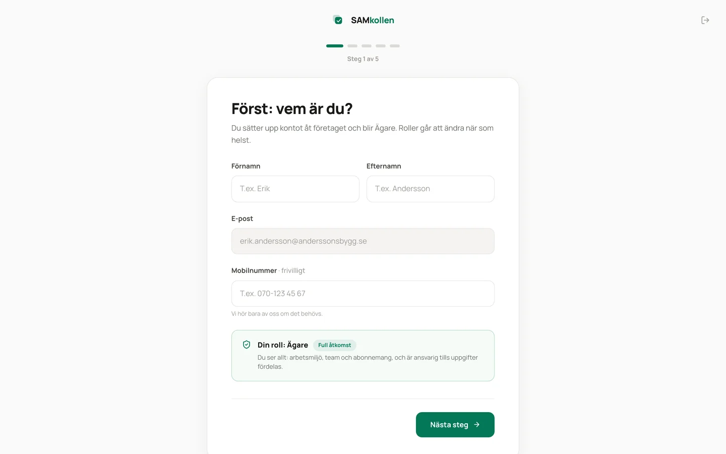Onboarding-guiden i SAMkollen med företagsuppgifter och branschval
