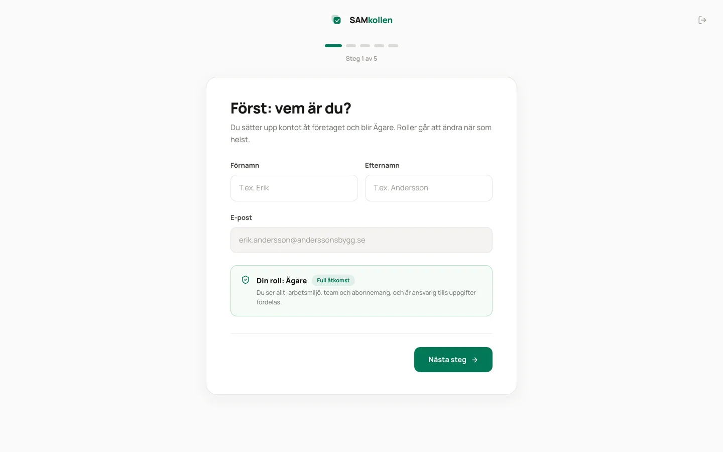 Onboarding-guiden i SAMkollen med företagsuppgifter och branschval