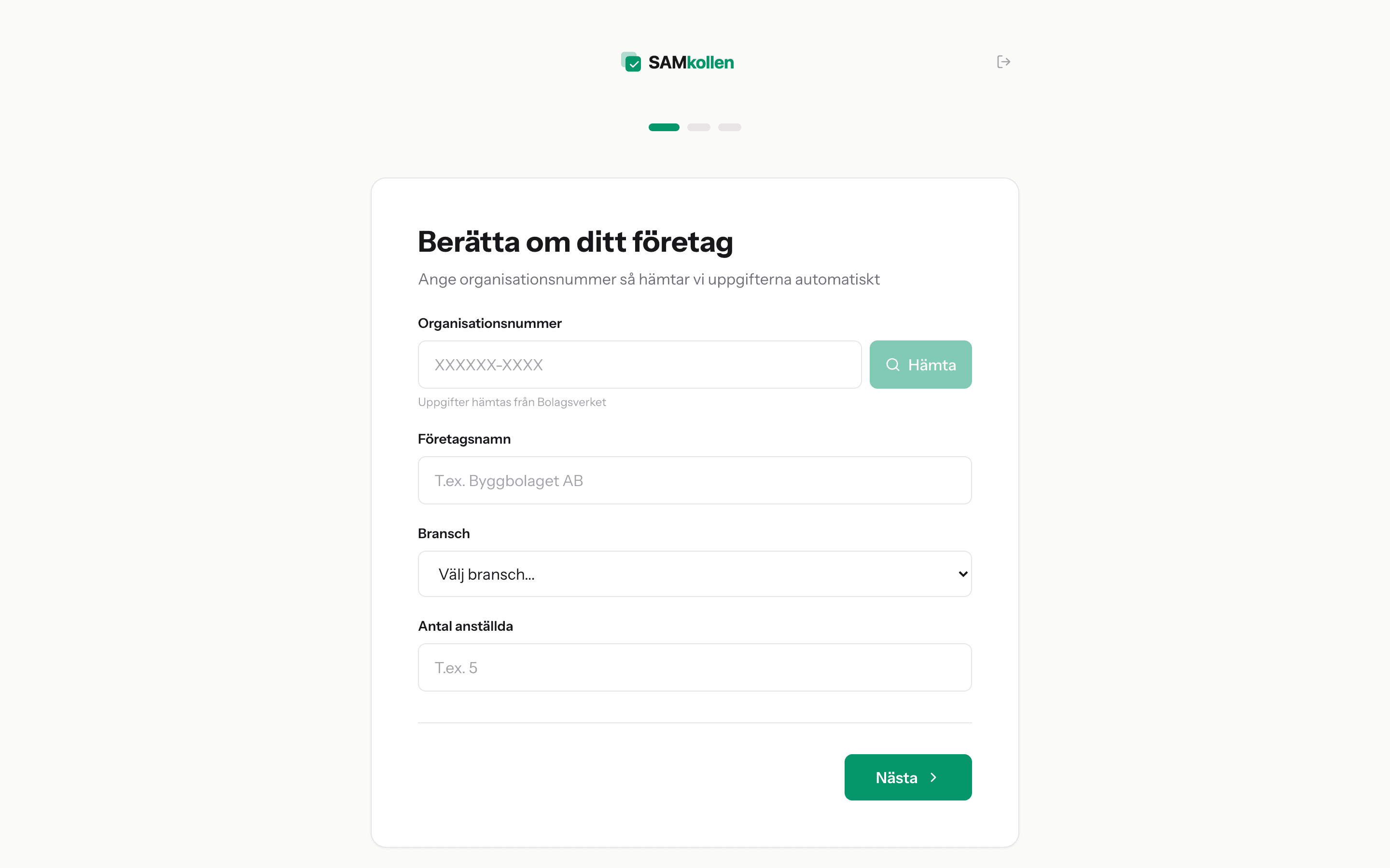 Onboarding-guiden i SAMkollen med företagsuppgifter och branschval