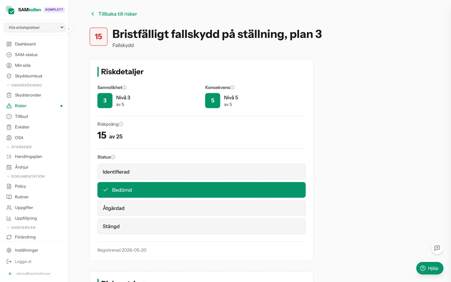 Riskdetalj med poängbedömning och statusväljare