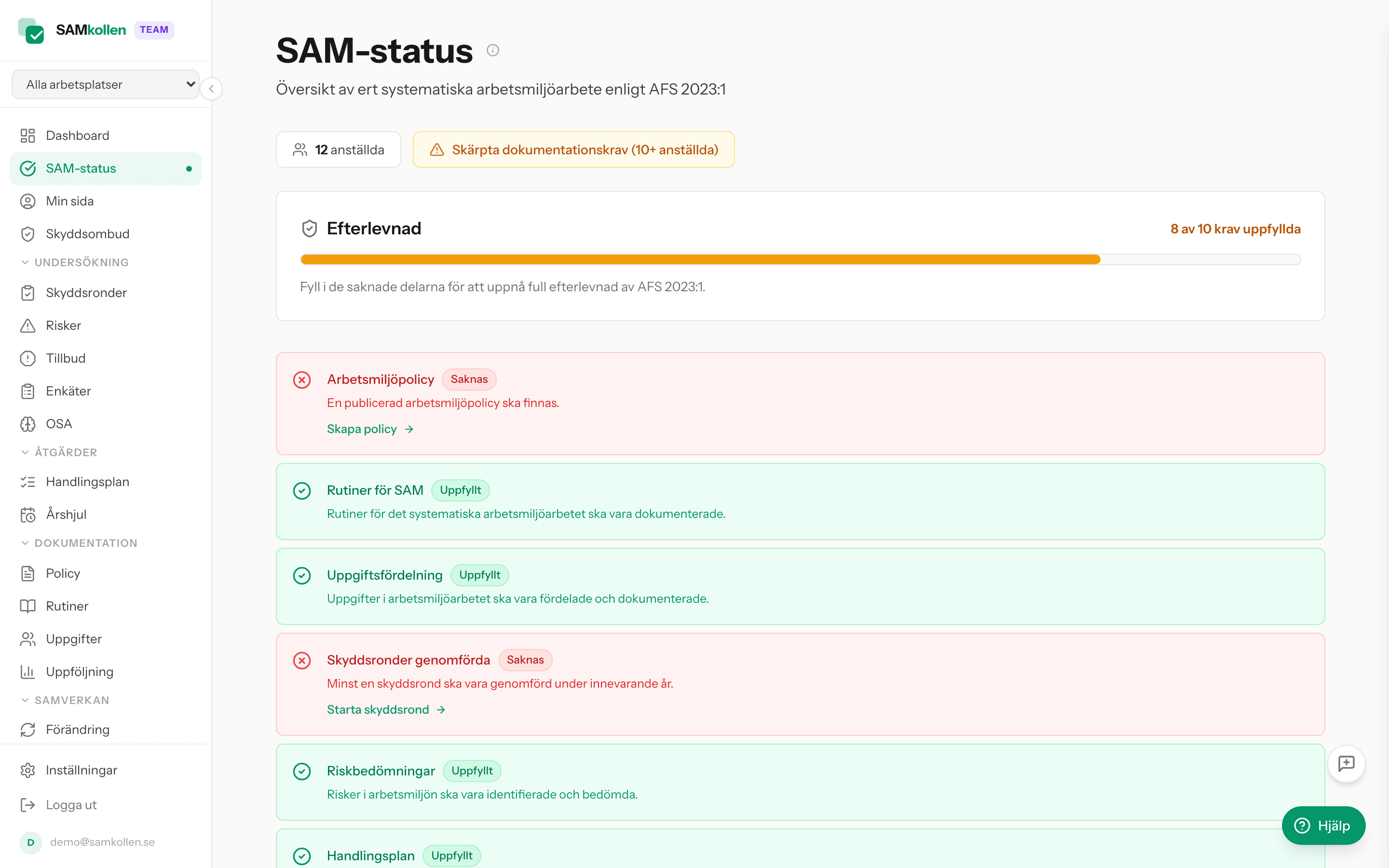 SAM-status med färgkodad efterlevnad per område