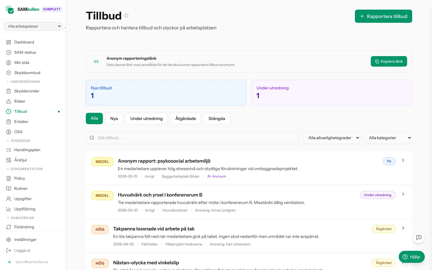 Tillbudslista med kategorier och status