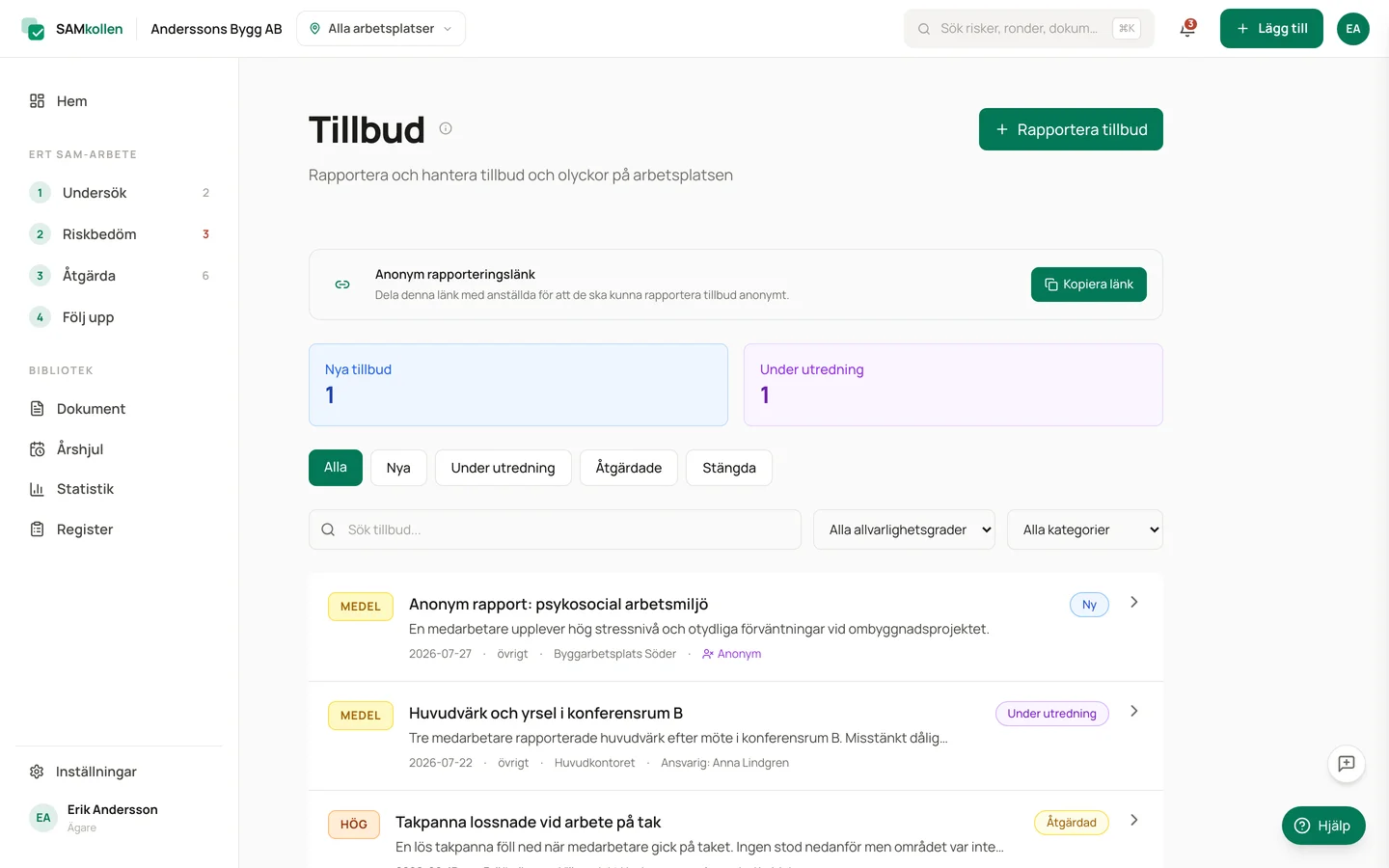 Tillbudsrapportering i SAMkollen med incidentlista och trendgraf