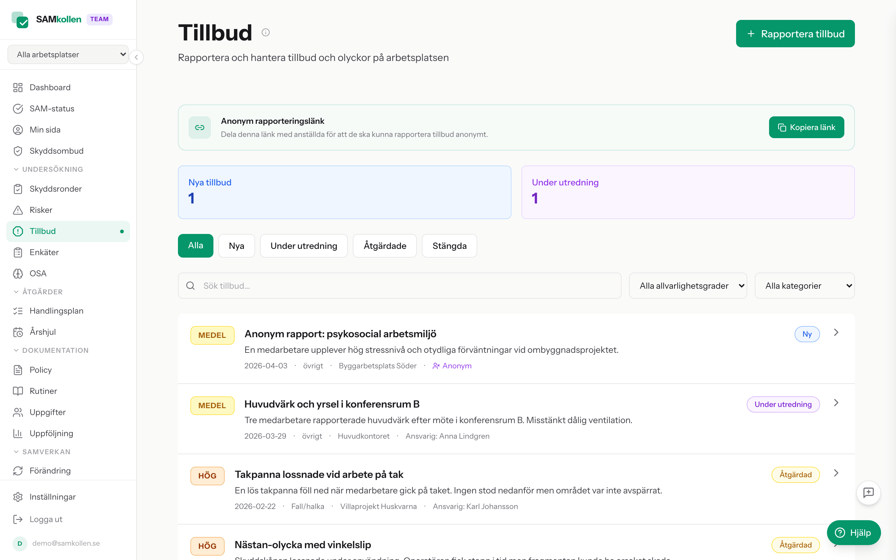 Tillbudslista med kategorier och status